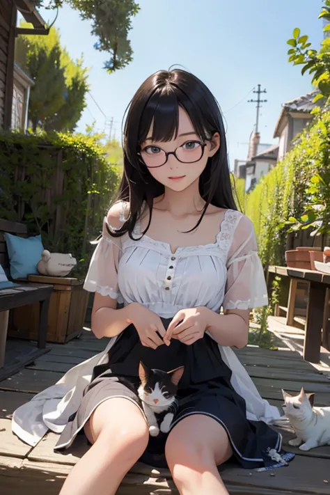 highest quality、masterpiece、high sensitivity、high resolution、detailed description、slender women、glasses、summer clothes、playing w...