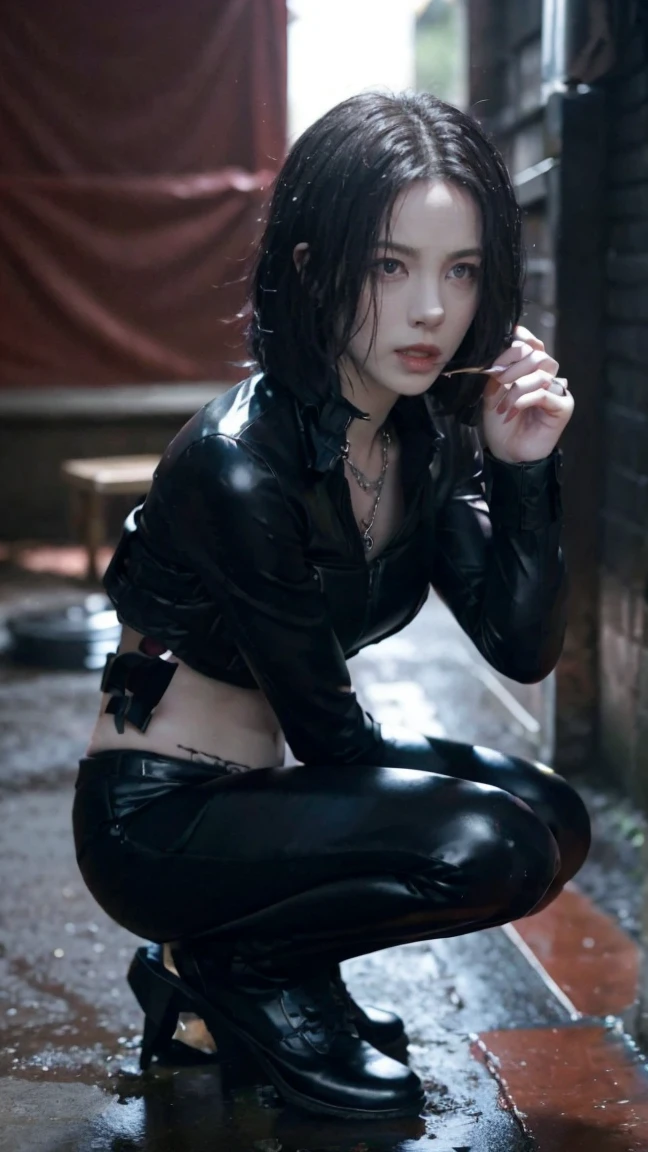 (masterpiece), best quality, HD, 4K, perfect face, black hair, leaked cum, socks, drunken eyes, hetero, torned dirt leather Jacket, hairband, black long hime hair, hime cut, arrogant assassin, collarbone, prostitution, muscular, knee, ABS collarbone, dirty booty, shoes, sweaty, cums dumped, wet dirty pulll leggings leather, wet tight, sticky, horny, skinny body, hot, sweats, slum background, bitch, clothed sexually, nipples, glowing red eyes, Saliva lips, KPop idol, free sex, hell, whore prostitute, breasts drugs, tags necklace, piercings, tally, fuck finger, bracelets, jewellery, navel piercings, legs tattoos, jewels, anklet, buds, lips, drugged, addict junkies, chains, mud dirty, holding syringe, abused, smiles, happy, scar on skin, humanity, pills syringe on floor, sick, lips piercings, goth, eyelashes, legs, mindbreak, smile, teeth, tooth