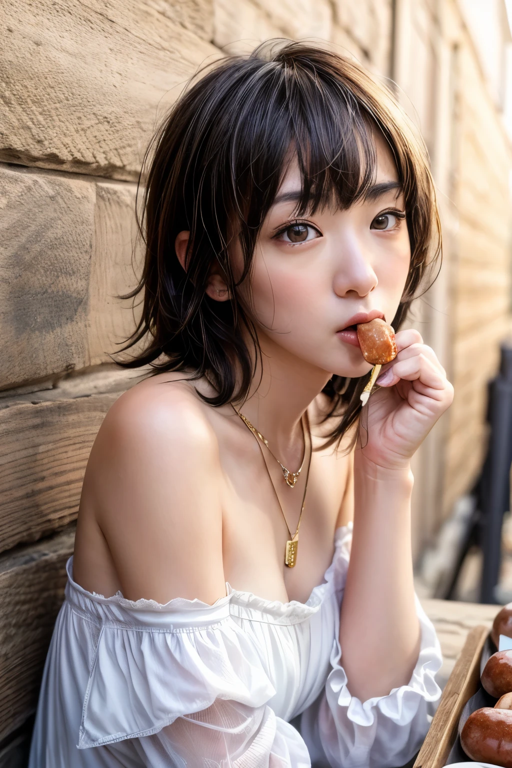 (realistic, photo-realistic:1.4), (best quality, masterpiece:1.2), RAW photo, high resolution, intricate details, extremely detailed, realistic and sharp details, (portrait, face focus), solo, a Japanese woman, Rina Ikoma, (eating a huge sausage, shovel a long sausage deep into mouth:1.4), (detailed face, beautiful detailed eyes, beautiful pupils, sophisticated nose), pale skin, fine-textured skin, necklace, jewelry, collarbone, wearing some clothes, simple background,