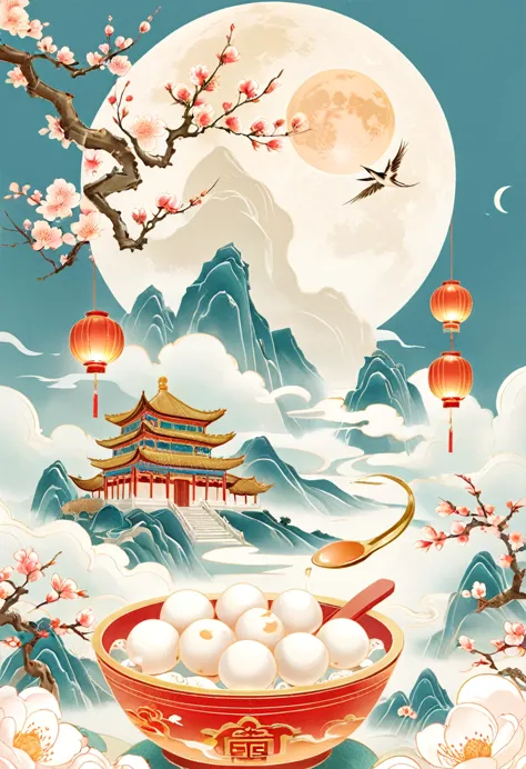 , Fine lines，(Golden section composition), (Golden Ratio),Minimalism，Mountain, lantern, Auspicious Clouds, Peach Blossom, Kongmi...