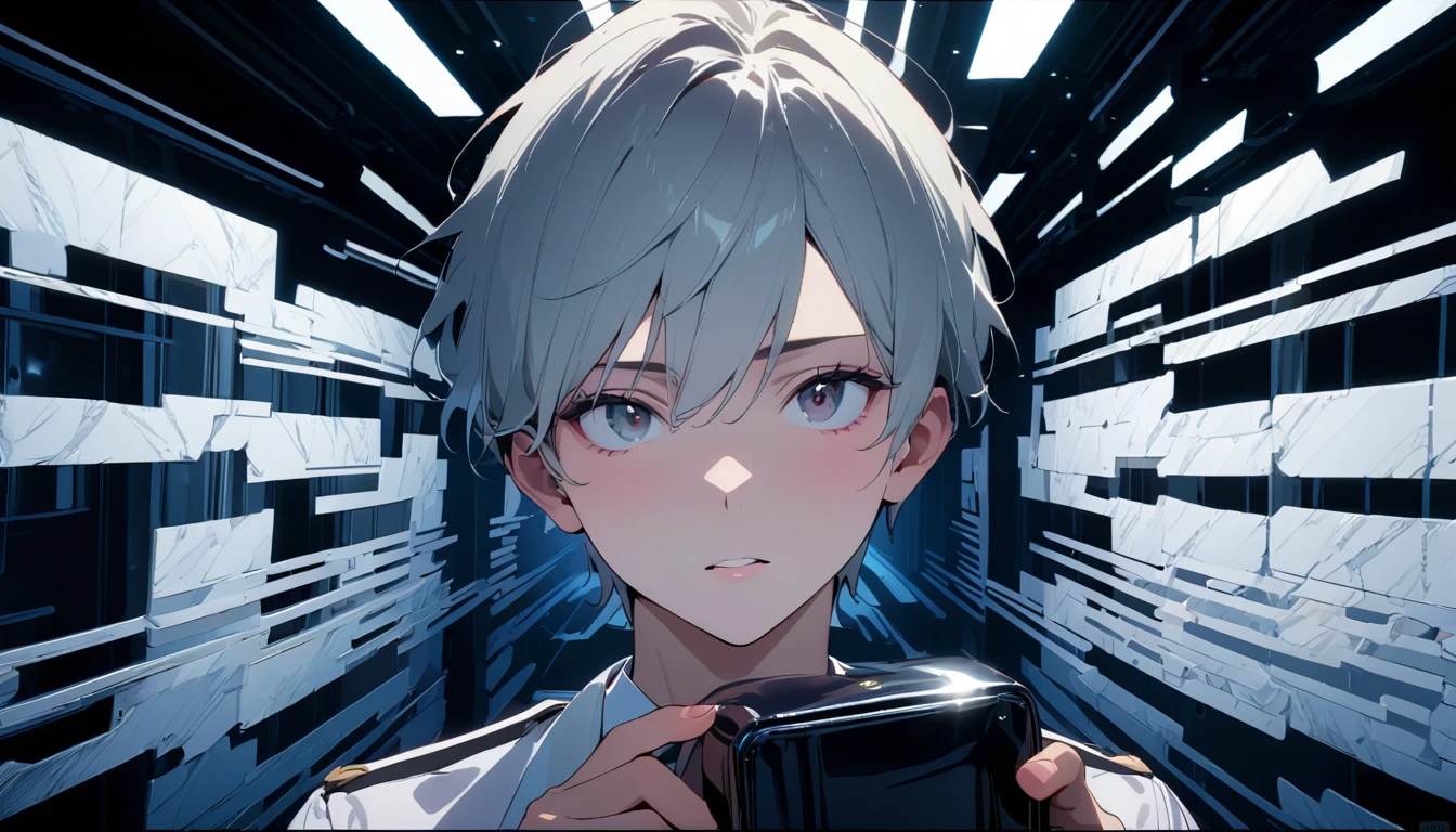 (8k, RAW photos, best quality, masterpiece: 1.4), (((Boy examining himself)))，Ultra-high resolution, Extremely detailed, Dim Lights, Upper body close-up, handsome boy, black eyes, (delicate eyes, Eyes are bright:1.2), Gray short hair, Fair skin,dark, Black and white striped prison uniform,Black and white striped prison pants,(perfect anatomy:1.2), High-quality shadows, Natural Lighting, (White highlights:1.2), night, cloudy day, (Dimly lit cells:1.2), (Metal walls all around:1.2)