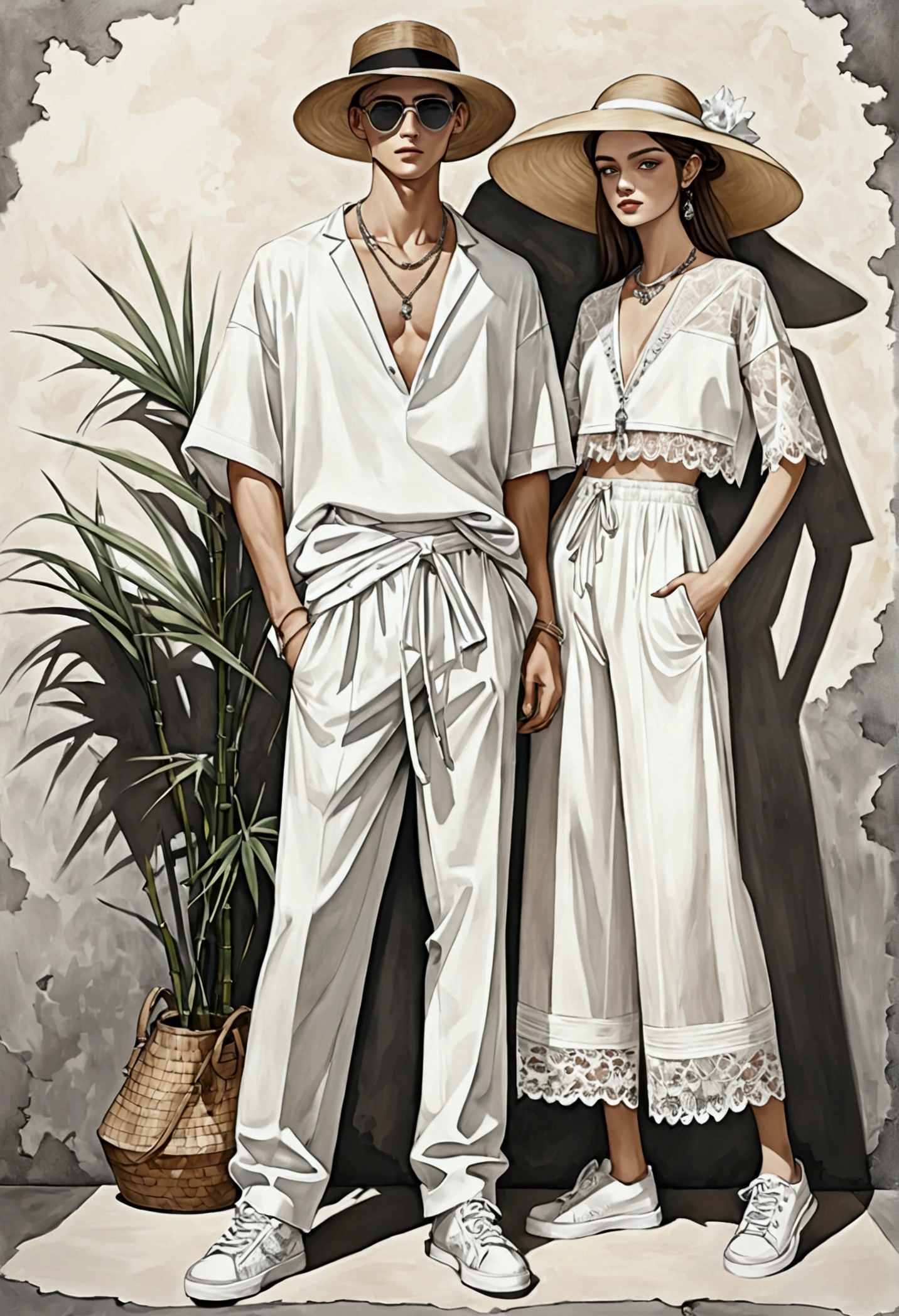 ilustración de moda sincera de un hombre y una mujer jóvenes, ambos de 20 años, ((Muestra la moda con trajes de algodón blanco.)), inspirada en la colección resort 2020 de Christian Dior en un elegante estilo bohemio. El hombre viste una camisa blanca de manga corta de gran tamaño., detalles de encaje, combinado con pantalones blancos con cordón relajados, Completa su look con zapatillas, gafas de sol con montura de madera, y una bolsa de bambú tejida. The woman complements him in a white cotton outfit with detalles de encaje, Su conjunto incluye accesorios con un sombrero de paja de ala ancha., zapatillas blancas y collar. capturado en un ((pose de cuerpo completo)), ((Fondo de pared)), realistic lineas de carboncillo, dibujo imperfecto, lineas de carboncillo, boceto desvanecido, bocetos de moda,