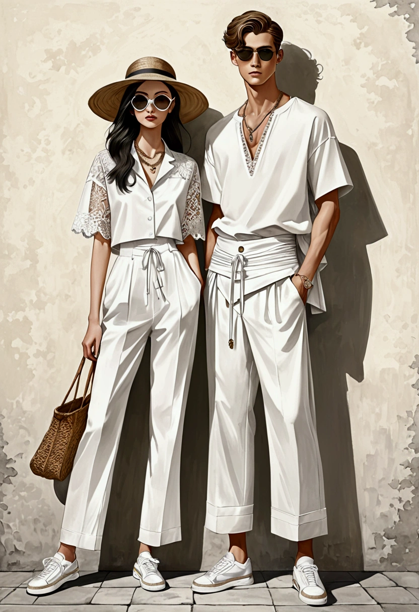 ilustración de moda sincera de un hombre y una mujer jóvenes, ambos de 20 años, ((Muestra la moda con trajes de algodón blanco.)), inspirada en la colección resort 2020 de Christian Dior en un elegante estilo bohemio. El hombre viste una camisa blanca de manga corta de gran tamaño., detalles de encaje, combinado con pantalones blancos con cordón relajados, Completa su look con zapatillas, gafas de sol con montura de madera, y una bolsa de bambú tejida. The woman complements him in a white cotton outfit with detalles de encaje, Su conjunto incluye accesorios con un sombrero de paja de ala ancha., zapatillas blancas y collar. capturado en un ((pose de cuerpo completo)), ((Fondo de pared)), realistic lineas de carboncillo, dibujo imperfecto, lineas de carboncillo, boceto desvanecido, bocetos de moda,