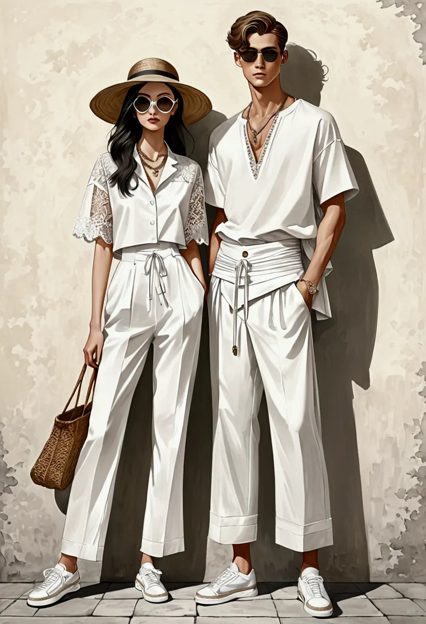 candid fashion illustration of young man and woman, both aged 20 year old, ((showcase fashion in a White cotton outfits)), inspi...