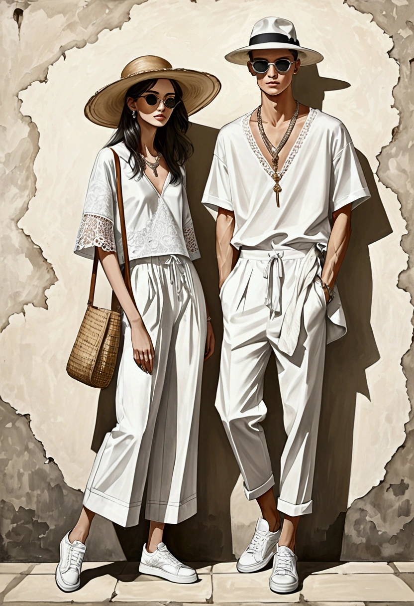 ilustración de moda sincera de un hombre y una mujer jóvenes, ambos de 20 años, ((Muestra la moda con trajes de algodón blanco.)), inspirada en la colección resort 2020 de Christian Dior en un elegante estilo bohemio. El hombre viste una camisa blanca de manga corta de gran tamaño., detalles de encaje, combinado con pantalones blancos con cordón relajados, Completa su look con zapatillas, gafas de sol con montura de madera, y una bolsa de bambú tejida. The woman complements him in a white cotton outfit with detalles de encaje, Su conjunto incluye accesorios con un sombrero de paja de ala ancha., zapatillas blancas y collar. capturado en un ((pose de cuerpo completo)), ((Fondo de pared)), realistic lineas de carboncillo, dibujo imperfecto, lineas de carboncillo, boceto desvanecido, bocetos de moda,