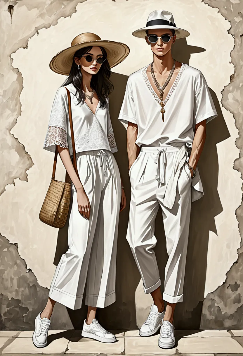 candid fashion illustration of young man and woman, both aged 20 year old, ((showcase fashion in a white cotton outfits)), inspi...