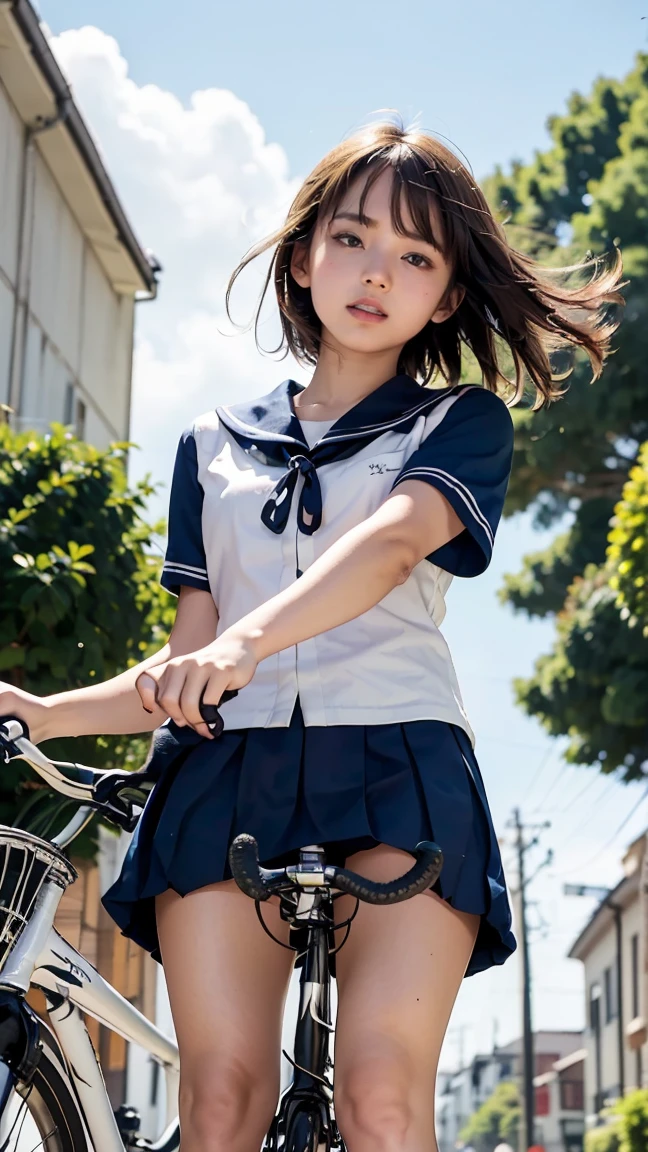 (((Please get on your bike.)))、high school girl、(The wind flips up my skirt、White pandy can be seen from below)、((Drawing from below))、Long legs、(Navy blue knee socks)、Wearing brown loafers、round face、Droopy eyes、Short Hair、Wearing a high 、Summer sailor uniform、Panty Shot