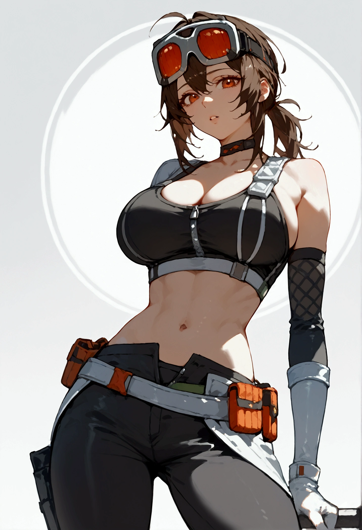 score_9, score_8_up, score_7_up, score_9, BREAK, 1girl,big breasts, solo, score_9, score_8, score_8_up, gracehd-ponyxl, 1girl, black choker, black gloves, white gloves, black pants, black sports bra, elbow gloves, goggles on head, looking at viewer, low ponytail, parted lips, white gloves, zipper, belt