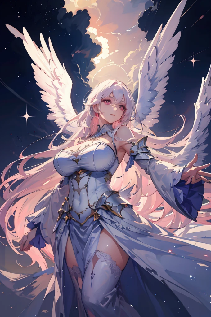 (very delicate, Masterpiece, Excellent lighting and shadows, HD wallpaper 8K), woman, 25 years old, goddess, Greek, white angel wings, big wings, Wingspan, red eyes, Big eyes, white hair, long straight hair, plump lips, pink cheeks, big breasts, wide hips, สวมชุดเทพGreek, The fabric is long and flowing.., white dress, Among the clouds, star, at night