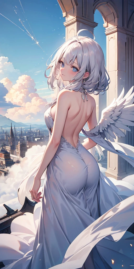 a (Rear view:1.5) A very beautiful female angel\(Long platinum blonde hair, Wide back white dress,(There are beautiful big angel wings on the chest),Very beautiful shiny halo\), She gently opened her arms，Seeking redemption, She is above the clouds, looking down at the world below,Ancient Europe， Fierce war\((So many sparks and flames), fail, fighter, Many buildings collapsed, Nature is destroyed, Magnificent scenery\) Happening Under the Clouds, rest ,quality\(8k,Extremely detailed CG unit wallpaper, masterpiece,high resolution,top-quality,top-quality real texture skin,Surrealism,提high resolution,RAW photos,Best quality,Very detailed,wallpaper,light,Ray Tracing,Golden Ratio\),[National Foundation],Dynamic Angle,[National Foundation],from above