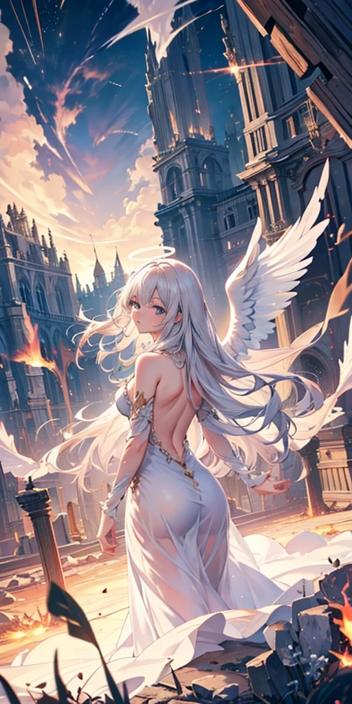 a (Rear view:1.5) A very beautiful female angel\(Long platinum blonde hair, Wide back white dress,(There are beautiful big angel wings on the chest),Very beautiful shiny halo\), She gently opened her arms，Seeking redemption, She is above the clouds, looking down at the world below,Ancient Europe， Fierce war\((So many sparks and flames), fail, fighter, Many buildings collapsed, Nature is destroyed, Magnificent scenery\) Happening Under the Clouds, rest ,quality\(8k,Extremely detailed CG unit wallpaper, masterpiece,high resolution,top-quality,top-quality real texture skin,Surrealism,提high resolution,RAW photos,Best quality,Very detailed,wallpaper,light,Ray Tracing,Golden Ratio\),[National Foundation],Dynamic Angle,[National Foundation],from above