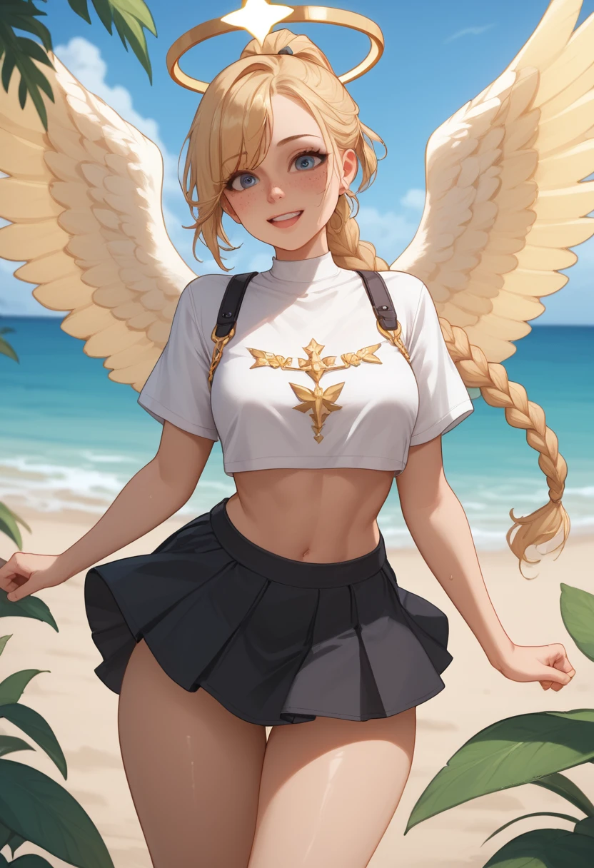 score_9, score_8_up, score_7_up, score_6_up, score_5_up, very aesthetic, 1 girl angel, cute, very sweet beautiful, pretty, sweaty, very excited, long legs, feet, crop top, black skirt, several braids, big tits, halo, wings, gold chain harness, gold jewelry, freckles, ponytail, kinky, adorable, beach, plants, cowboy half-length portrait, sexy body, dynamic pose, sexy thighs