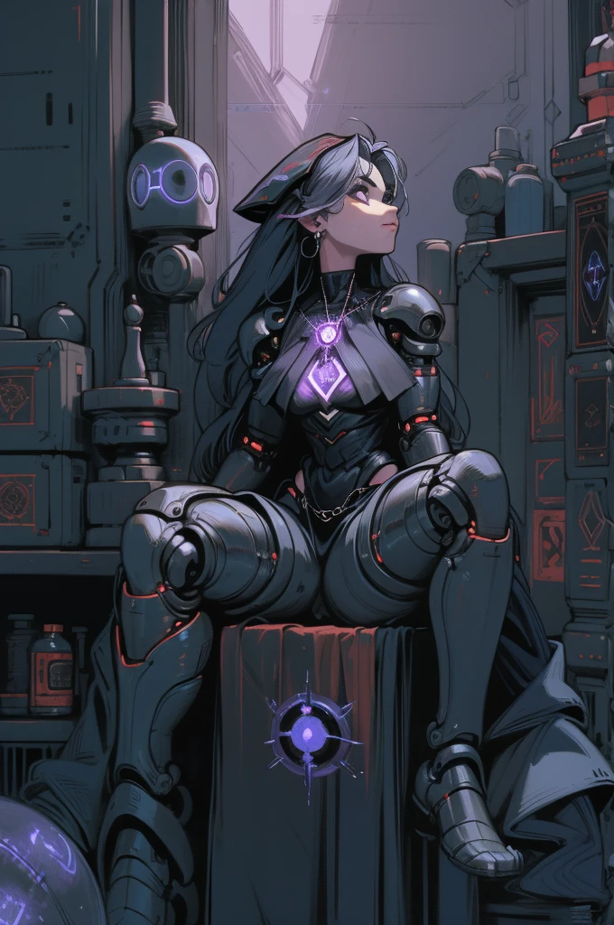 depicts a modern-day witch who has embraced the world of cybernetics to enhance her magical abilities. The artwork should convey the enchanting blend of traditional witchcraft and futuristic technology. Here are some specific elements to include: The Witch's Lair: The setting should be a cozy yet slightly eerie room, filled with magical books, crystal balls, potion ingredients, and antique furnishings. The room should be dimly lit by candles and a soft, mystical glow emanating from her cybernetic enhancements. The Cyborg Witch: The central focus of the artwork is the witch herself. She's a striking figure with a mix of traditional witch attire and cybernetic enhancements. Her clothing should have a witchy, occult aesthetic, with flowing robes, a pointed hat, and an intricate pentagram necklace. Her arms, however, have been upgraded with cybernetic components that incorporate magical symbols and glowing runes. Magical Interface: The witch is in the midst of casting a spell, with a holographic, touch-screen interface floating before her. This interface includes spell incantations, arcane symbols, and digital components, demonstrating her fusion of magic and technology. Spell Ingredients: On a nearby table, there should be a collection of spell ingredients, like herbs, potions, and magical artifacts. Some of these items may have been modified with cybernetic enhancements, blurring the line between the natural and the technological. Familiar: The witch's familiar, perhaps a cat or raven, should be present in the scene, serving as her magical companion. The familiar could also have subtle cybernetic enhancements or glowing eyes. Glowing Runes: The room should be adorned with ancient symbols and glowing runes on the walls and floor, contributing to the magical atmosphere. Aetherial Lighting: Use a combination of mystical, ethereal lighting and cybernetic glows to create a captivating interplay of light and shadow. The contrast between the tradit