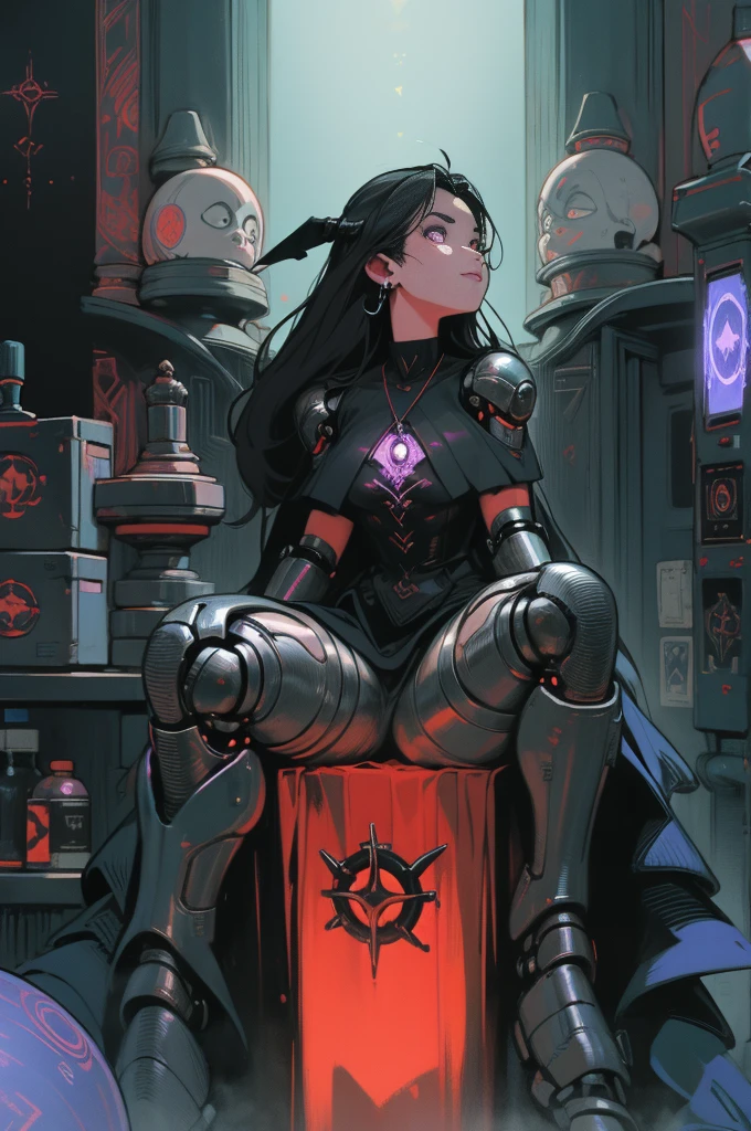 depicts a modern-day witch who has embraced the world of cybernetics to enhance her magical abilities. The artwork should convey the enchanting blend of traditional witchcraft and futuristic technology. Here are some specific elements to include: The Witch's Lair: The setting should be a cozy yet slightly eerie room, filled with magical books, crystal balls, potion ingredients, and antique furnishings. The room should be dimly lit by candles and a soft, mystical glow emanating from her cybernetic enhancements. The Cyborg Witch: The central focus of the artwork is the witch herself. She's a striking figure with a mix of traditional witch attire and cybernetic enhancements. Her clothing should have a witchy, occult aesthetic, with flowing robes, a pointed hat, and an intricate pentagram necklace. Her arms, however, have been upgraded with cybernetic components that incorporate magical symbols and glowing runes. Magical Interface: The witch is in the midst of casting a spell, with a holographic, touch-screen interface floating before her. This interface includes spell incantations, arcane symbols, and digital components, demonstrating her fusion of magic and technology. Spell Ingredients: On a nearby table, there should be a collection of spell ingredients, like herbs, potions, and magical artifacts. Some of these items may have been modified with cybernetic enhancements, blurring the line between the natural and the technological. Familiar: The witch's familiar, perhaps a cat or raven, should be present in the scene, serving as her magical companion. The familiar could also have subtle cybernetic enhancements or glowing eyes. Glowing Runes: The room should be adorned with ancient symbols and glowing runes on the walls and floor, contributing to the magical atmosphere. Aetherial Lighting: Use a combination of mystical, ethereal lighting and cybernetic glows to create a captivating interplay of light and shadow. The contrast between the tradit