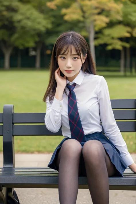 (masterpiece:1.3), (8k, photorealistic, raw photography, Superior image quality: 1.4), Classy elite girl sitting on a park bench...
