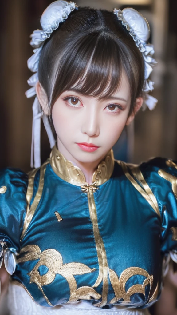 Chun-Li aus Street Fight II,Das perfekte Chun-Li-Kostüm,Blaues chinesisches Kleid mit goldenen Linien,Duttkopf,Gute Abdeckung,Kampfpose,Meisterwerk、1 schönes Mädchen、wunderschöne Augen、Geschwollene Augen、höchste Qualität, 超Hohe Auflösung, (Wirklichkeit: 1.4), Kinolicht、japanisch、asiatische Schönheit、Koreanisch、so schön、Schöne Haut、Körper nach vorne gerichtet、Nahaufnahme des Gesichts、(超Wirklichkeit的な)、(Hohe Auflösung)、(8k)、(Sehr detailiert)、(美しくwunderschöne Augen)、(Sehr detailiert)、 (Wand-)、detailliertes Gesicht、helle Beleuchtung、professionelle Beleuchtung、Blick auf das Publikum、Schau geradeaus、Diagonal bangs、Nogizaka-Idol、Koreanisch Idol、Meisterwerk, höchste Qualität, Meisterwerk, höchste Qualität, perfektes Gesicht, perfekte braune Augen mit weißer Sklera, Schlechter Zug -5, allein, 1 Mädchen, Oberkörper, braune Haare, Aus SF2, Chinesische Sprachdienste, lächeln, muskulöse Frau, Blaue Kleidung, Strumpfhose, Beckenvorhang, Kurze Puffärmel, Gute Abdeckung, Schärpe, Auswertung:Sicherheit、Enako