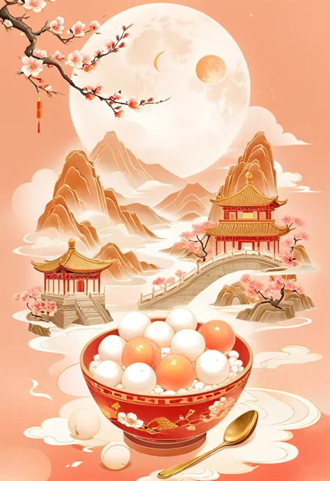 , Fine lines，(Golden section composition), (Golden Ratio),Minimalism，Mountain, lantern, Auspicious Clouds, Peach Blossom, Kongmi...