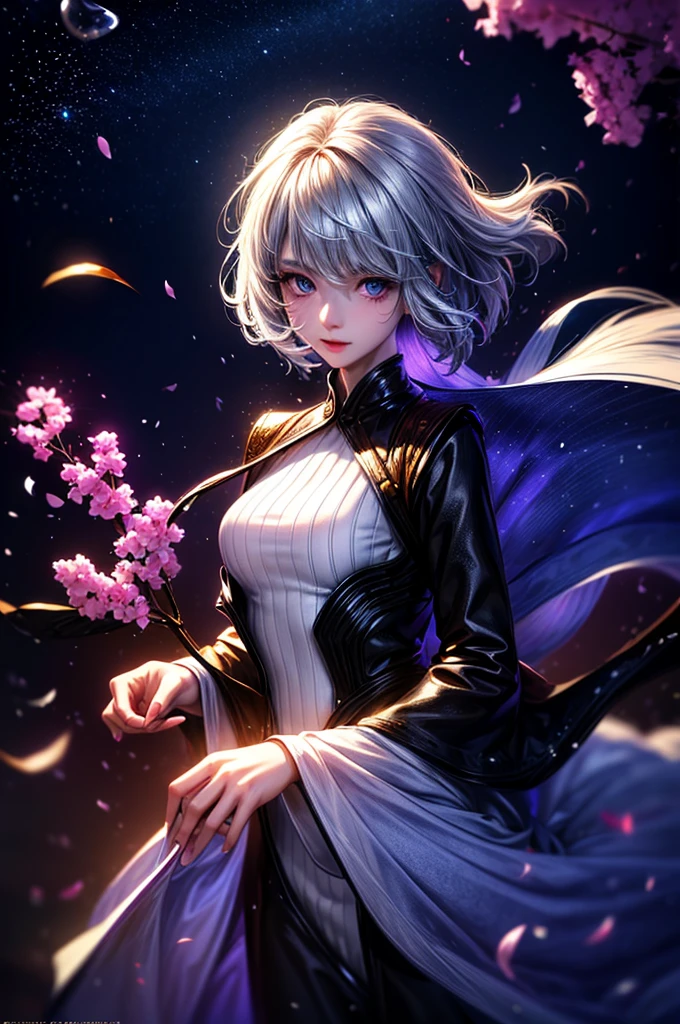 (woman\(student, 15 years old, ＪＫ, short hair, Silver Hair, Floating Hair, Space-colored eyes, Black sailor suit\(Of high school\), Pale skin, Tired face, No shine in the eyes\) Looking up at the sky), (Many goldfish are swimming in the air), Beautiful sky, Beautiful Clouds, Colorful summer flowers are blooming everywhere., (Transparent bubbles shine like prisms here and there in the sky), The midday moon and the midday star shine in the sky, woman is at messy downtown, break ,quality\(8k,非常に精細なCGユニットのwallpaper, masterpiece,High resolution,top-quality,top-quality real texture skin,Surreal,Increase the resolution,RAW Photos,最高quality,Very detailed,wallpaper,Cinema Lighting,Ray-tracing,Golden Ratio\),(Long Shot),Wide Shot,