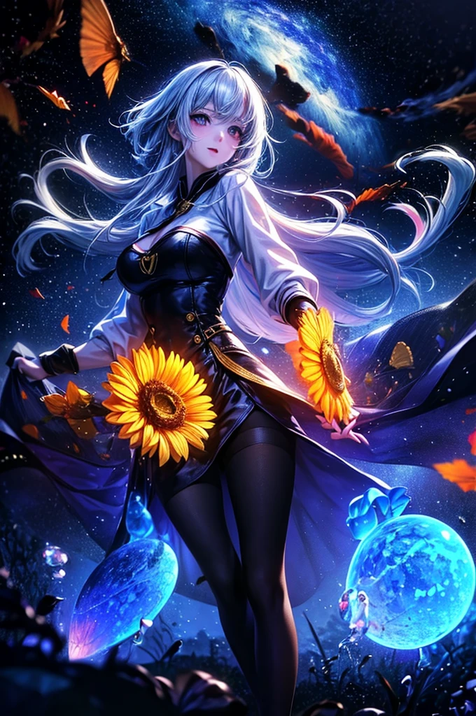 (woman\(student, 15 years old, ＪＫ, short hair, Silver Hair, Floating Hair, Space-colored eyes, Black sailor suit\(Of high school\), Pale skin, Tired face, No shine in the eyes\) Looking up at the sky), (Many goldfish are swimming in the air), Beautiful sky, Beautiful Clouds, Colorful summer flowers are blooming everywhere., (Transparent bubbles shine like prisms here and there in the sky), The midday moon and the midday star shine in the sky, woman is at messy downtown, break ,quality\(8k,非常に精細なCGユニットのwallpaper, masterpiece,High resolution,top-quality,top-quality real texture skin,Surreal,Increase the resolution,RAW Photos,最高quality,Very detailed,wallpaper,Cinema Lighting,Ray-tracing,Golden Ratio\),(Long Shot),Wide Shot,