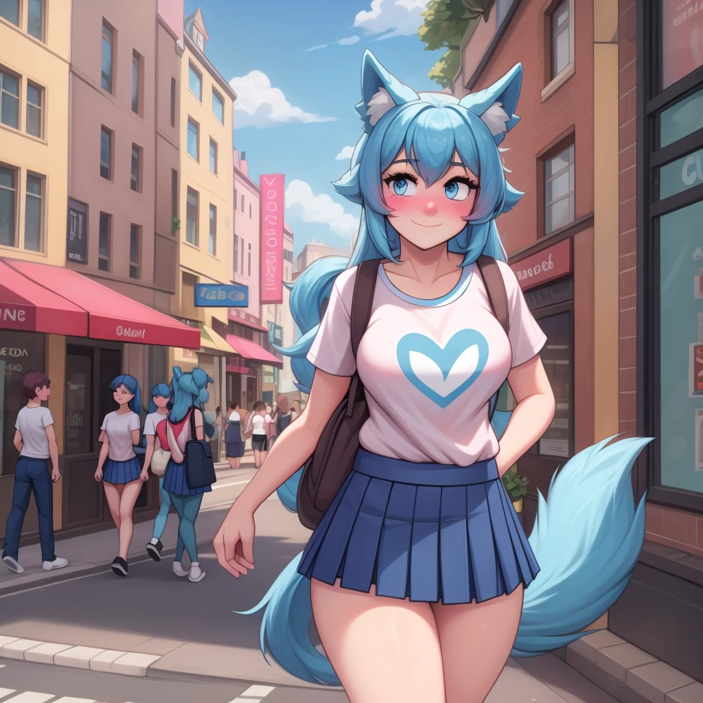 (Masterpiece) (High Detail) (High Res) A short little slim humanoid girl with pale human skin and blue eyes and long blue hair  and blue dog ears and a fluffy blue dog tail and average breasts. She is walking through a busy city street, lots of tourists, cute cafe and outdoor seating. She is wearing a I <3 London t-shirt and a pleated skirt. She has a rucksack on. She is blushing slightly and is smiling. 