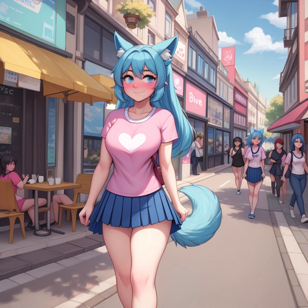 (Masterpiece) (High Detail) (High Res) A short little slim humanoid girl with pale human skin and blue eyes and long blue hair  and blue dog ears and a fluffy blue dog tail and average breasts. She is walking through a busy city street, lots of tourists, cute cafe and outdoor seating. She is wearing a I <3 London t-shirt and a pleated skirt. She has a rucksack on. She is blushing slightly and is smiling. 