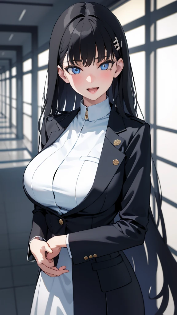 (masterpiece), (best quality), (ultra-detailed), ((girl, 29 years old)), an extremely delicate and beautiful, detailed eyes, minute details, (black hair, long hair, straight hair, hair between eyes), ((big breasts)), smile, open mouth, ((beautiful eyes)), (blue eyes), (upper body), she is wearing a blue dress, (detailed clothes), (detailed background, in a hospital, hospital hallway), (monochrome)