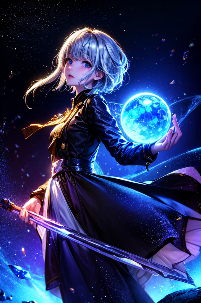 (woman\(student, 15 years old, ＪＫ, short hair, Silver Hair, Floating Hair, Space-colored eyes, Black sailor suit\(Of high school\), Pale skin, Tired face, No shine in the eyes\) Looking up at the sky), (Many goldfish are swimming in the air), Beautiful sky, Beautiful Clouds, Colorful summer flowers are blooming everywhere., (Transparent bubbles shine like prisms here and there in the sky), The midday moon and the midday star shine in the sky, woman is at messy downtown, break ,quality\(8k,非常に精細なCGユニットのwallpaper, masterpiece,High resolution,top-quality,top-quality real texture skin,Surreal,Increase the resolution,RAW Photos,最高quality,Very detailed,wallpaper,Cinema Lighting,Ray-tracing,Golden Ratio\),(Long Shot),Wide Shot,