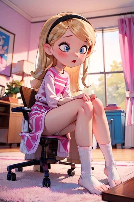 penny peterson, ((best quality)), ((masterpiece)), (detailed), perfect face, slender 9yo teen girl, (((sitting))), (((legs together, knees bending))), pink dress, white tube socks, (white panties:1.4), (((upskirt peak))), thick thighs, skinny waist, ((shy surprised:1.2)), blushing look on her face. long hair,blonde hair, blue eyes, hairband, cute, cute art, (Pink Room:1.5)