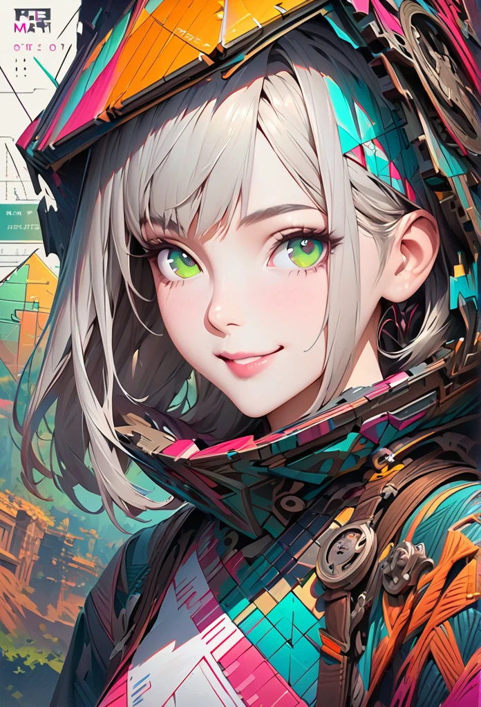 Masterpiece Portrait of Smiling,  Caustics, High resolution illustration, green eyes, feminine,, grey hair,,  Shadow flat illustration, The art of math, Popular topics on ArtStation, Very detailed, fine details, complex,  neon color