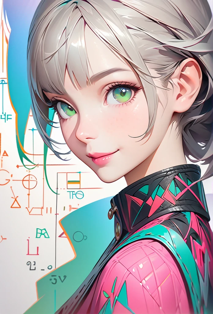 Masterpiece Portrait of Smiling,  Caustics, High resolution illustration, green eyes, feminine,, grey hair,,  Shadow flat illustration, The art of math, Popular topics on ArtStation, Very detailed, fine details, complex,  neon color