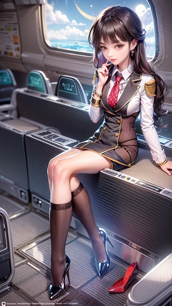 (32K:1.9, Highest quality, masterpiece, Ultra-high resolution), Professional camera work:1.3, Very detailedな肌と顔の質感:1.3, Always accurate, Very detailed, ((23 years old, Newcomer CA, Business class airplane aisle:1.4, The moonlight at night illuminates the cabin)), (Stewardess Uniform:1.3, Incredibly slim body, Large Breasts), Fair skin, elegant, sense of cleanliness, Sensual pose, (Big eyes that exude beautiful eroticism:0.4, A shy smile:1.0, I love you with all my heart:0.8, Please open your mouth a little, lipstick, Feel the beautiful eroticism:0.9), (Dark brown medium hair), Earrings, necklace, bracelet, (romantic, mysterious), Object of admiration, original, dramatic, artistic, Innovative, Charm, Heartful, Fancy, sense of openness, special, exciting, Extreme, Tilt, sense of loss, sorrow, sorrowの表現, ((The charm of youth, Feminine charm))
