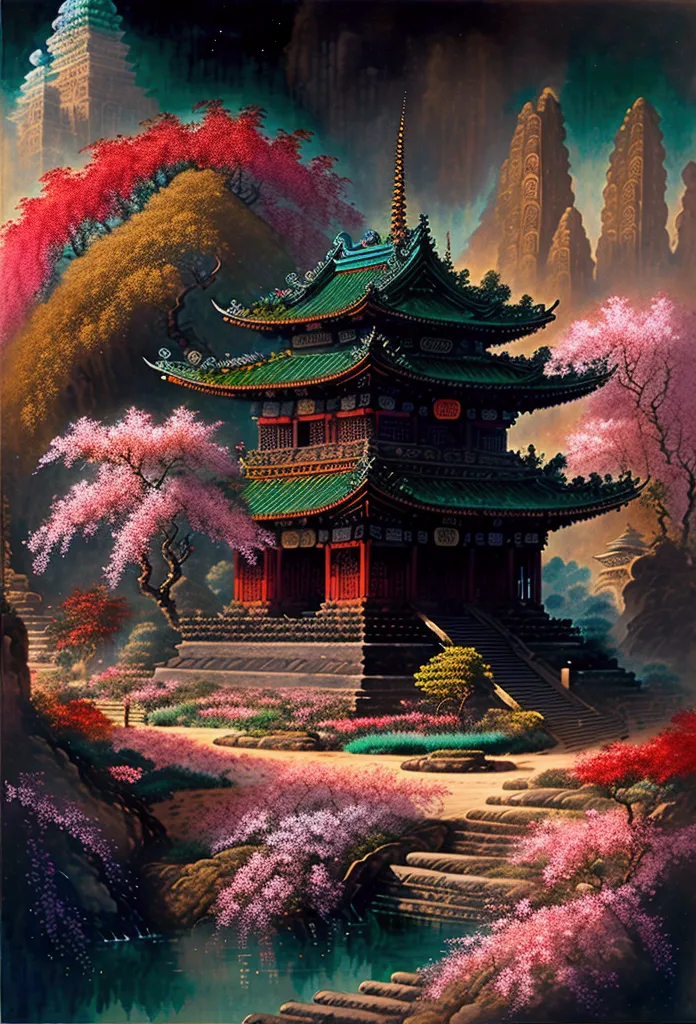 Absurd, High resolution, Super detailed, beautiful, masterpiece, Highest quality,Ancient temples, Lush garden, Bright colors, Qu...