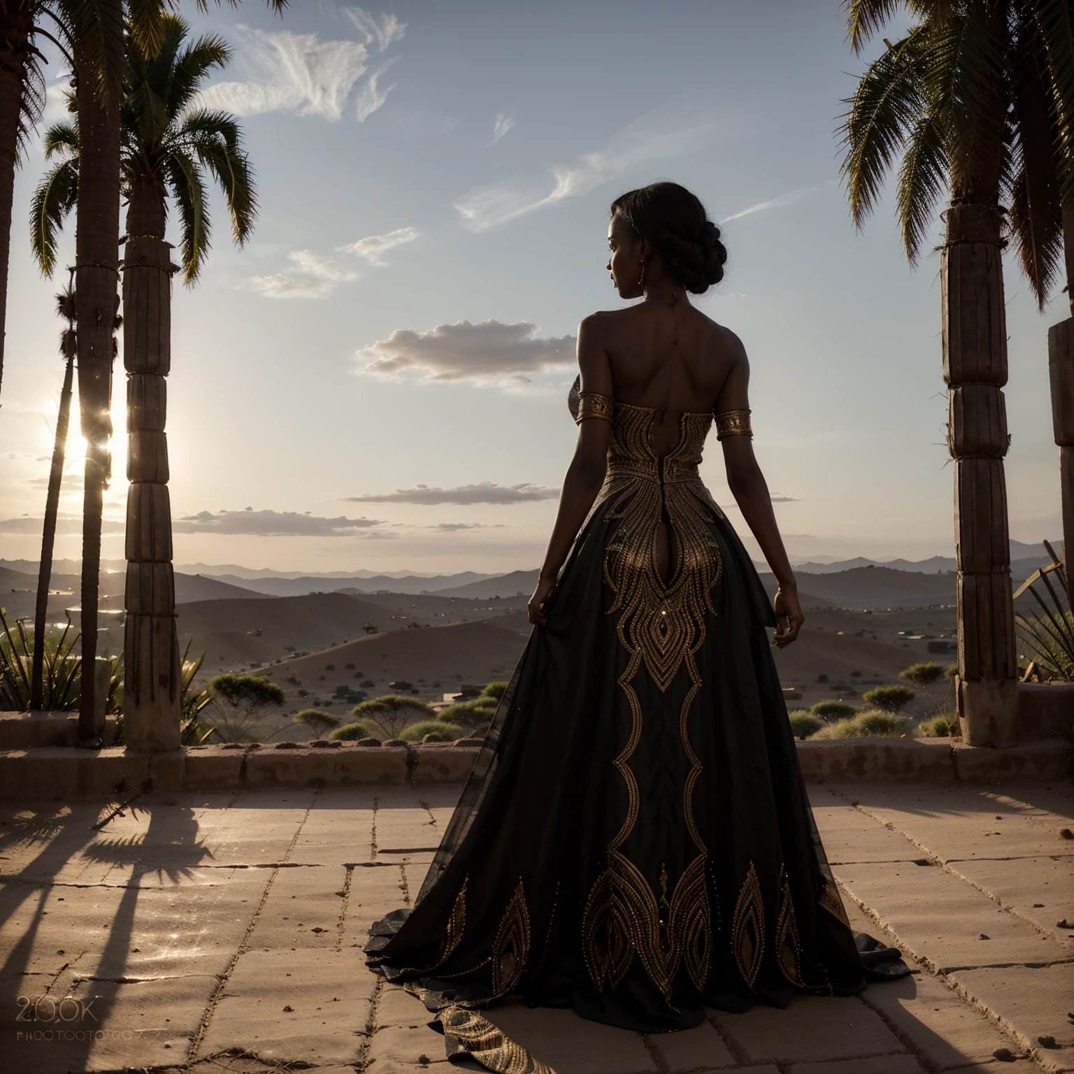 Photograph of a stunning, mysterious thin black woman, back view, looking forward, beautiful dress, unrealistic background in Africa, sunset, full length very intricate detail, light and shadow effects, complex, highly detailed, concept art, smooth, sharp focus, atmospheric lighting, detailed photo, 8k, hdr