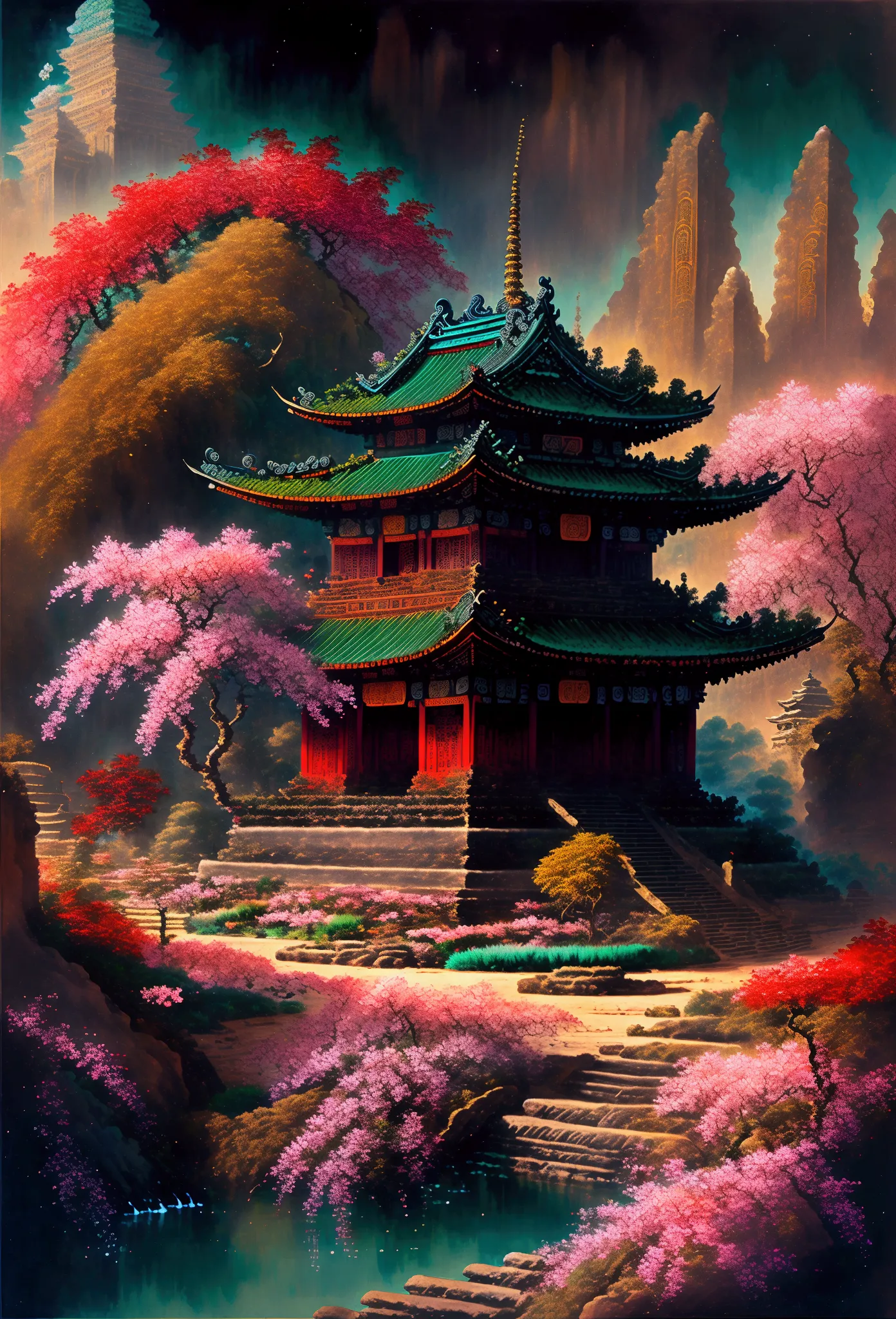 Absurd, High resolution, Super detailed, beautiful, masterpiece, Highest quality,Ancient temples, Lush garden, Bright colors, Qu...