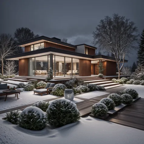 exterior of villa, modern style, plants and trees, (((winter, snow))), raw photo, subject, 8k uhd, dslr, soft lighting, high qua...