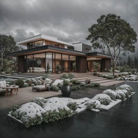 exterior of villa, modern style, plants and trees, ((winter, sonw)), overcast,, raw photo, subject, 8k uhd, dslr, soft lighting,...