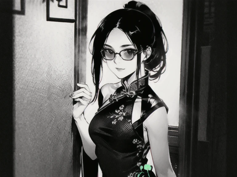 1 girl, solo, female, beautiful girl, medium breast, ((bare shoulder)), long black hair, long lock, long ponytail, (((wear chinese dress))), bust portraid, monochromatic.