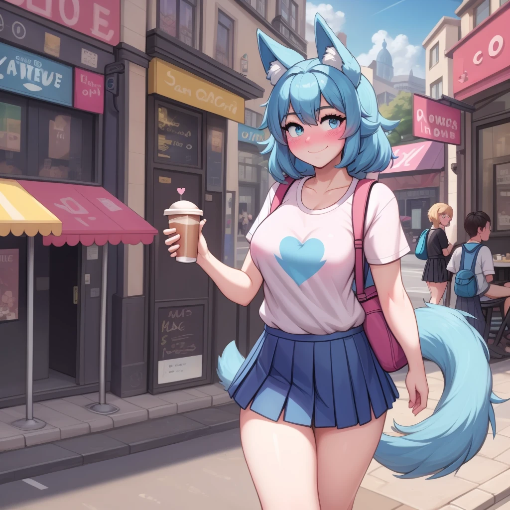 (Masterpiece) (High Detail) (High Res) A short little slim humanoid girl with pale human skin and blue eyes and long blue hair and blue dog ears and a fluffy blue dog tail and average breasts. She is walking through a busy city street, lots of tourists, cute cafe and outdoor seating. She is wearing a I <3 London t-shirt and a pleated skirt. She has a rucksack on. She is blushing slightly and is smiling.