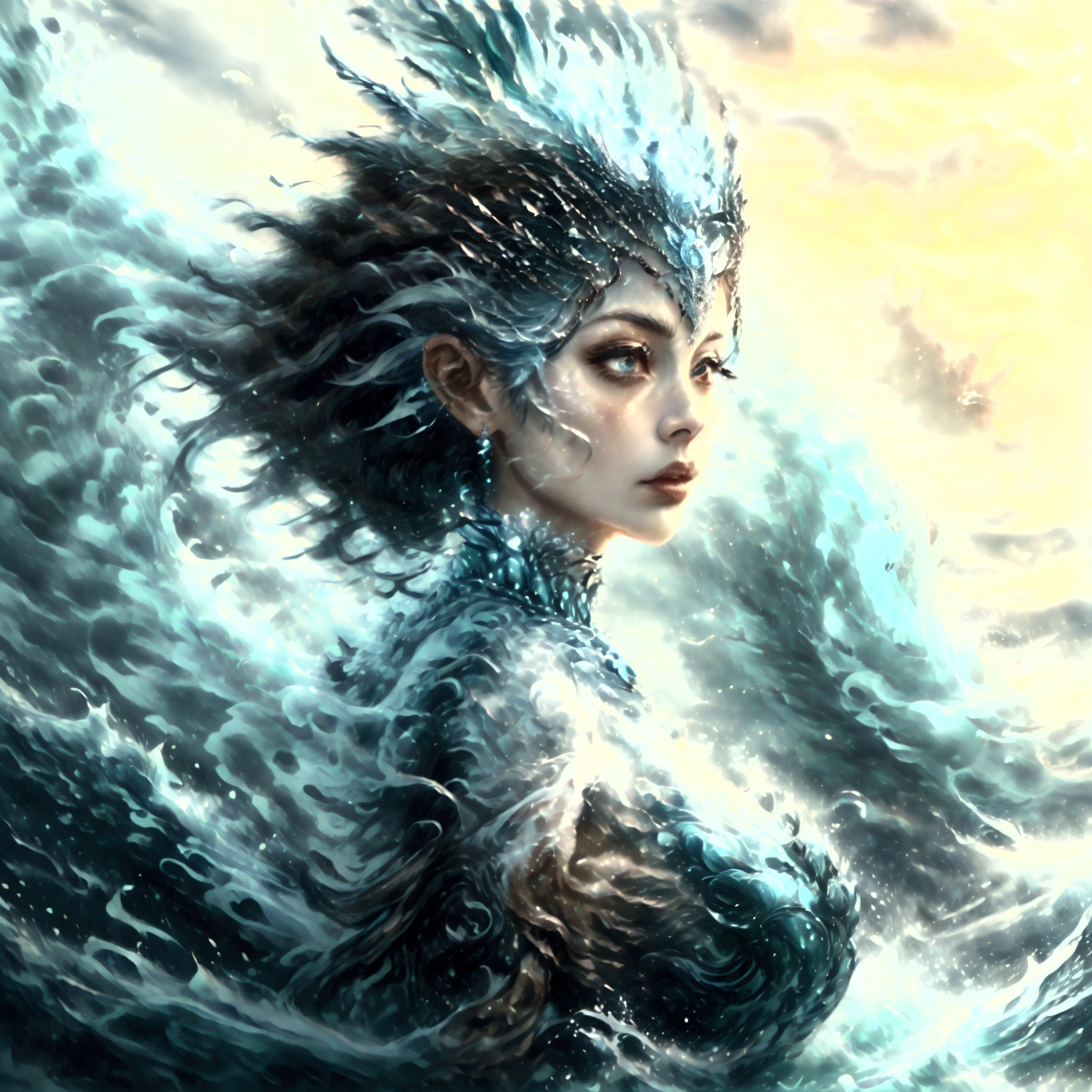 Design an anime-style character named Nami, styled as 'Ocean Empress.' Nami should have a regal and commanding expression, with large, expressive eyes and a majestic pose that reflects her status. Outfit Nami in a gown or armor inspired by the ocean, with deep blues, turquoise, and shimmering silver accents. Include sea-themed elements like waves, shells, and pearls. Add accessories such as a trident or a seashell crown to emphasize her empress status. The background should depict a vibrant ocean scene with elements like crashing waves, coral reefs, and marine life. Use soft, ambient lighting to enhance the serene yet powerful atmosphere. Ensure the artwork embodies the grandeur and beauty of the ocean, making Nami a regal and captivating presence