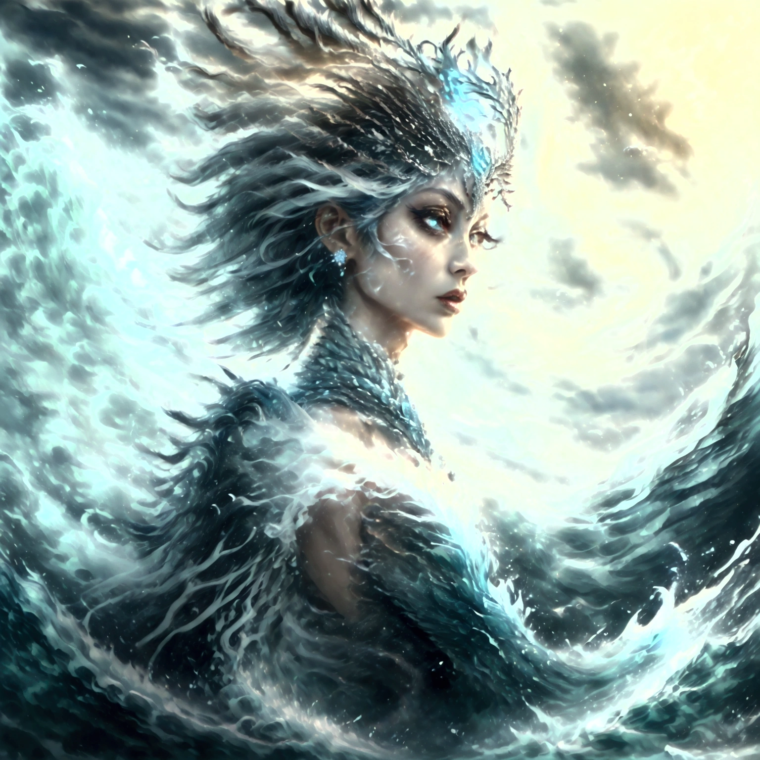 Design an anime-style character named Nami, styled as 'Ocean Empress.' Nami should have a regal and commanding expression, with large, expressive eyes and a majestic pose that reflects her status. Outfit Nami in a gown or armor inspired by the ocean, with deep blues, turquoise, and shimmering silver accents. Include sea-themed elements like waves, shells, and pearls. Add accessories such as a trident or a seashell crown to emphasize her empress status. The background should depict a vibrant ocean scene with elements like crashing waves, coral reefs, and marine life. Use soft, ambient lighting to enhance the serene yet powerful atmosphere. Ensure the artwork embodies the grandeur and beauty of the ocean, making Nami a regal and captivating presence