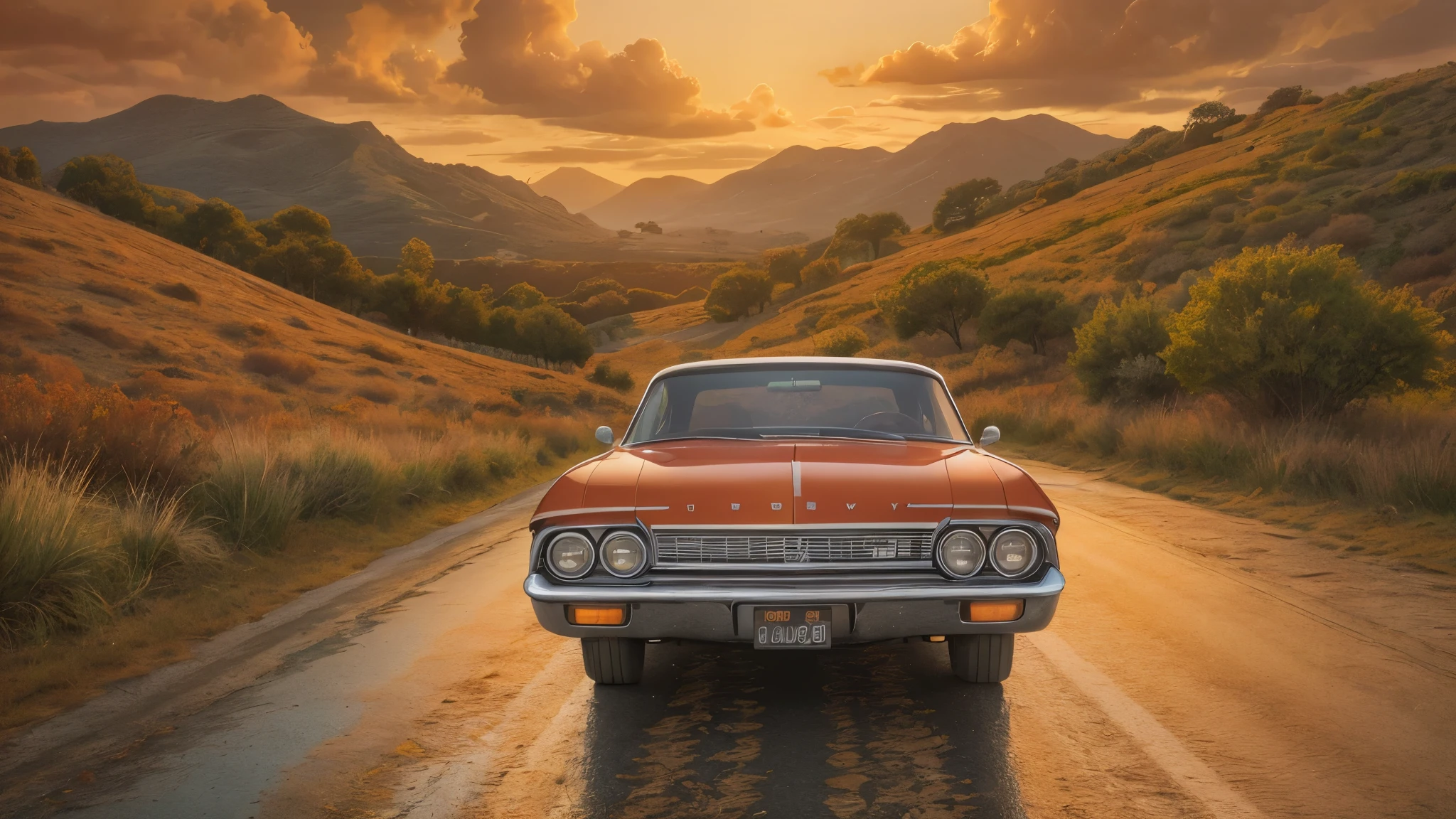 Create a hyper-realistic pencil drawing in the style of Diego Koi, featuring a vintage deep red 1960s Chevrolet Impala. The car, with its balanced design of two headlights on each side, is positioned on a scenic country road during a sunset. The landscape around it is lush with green hills, vibrant wildflowers, and a serene sky filled with soft pastel colors. Reflections of the car and the surrounding scenery are visible in a shallow puddle on the road. Inside the car, a driver with a focused expression is visible through the window, adding a sense of life and motion to the scene. The intricate details of the car's design, the driver's presence, and the natural beauty of the landscape are emphasized with meticulous shading and texture, capturing the essence of a timeless journey.