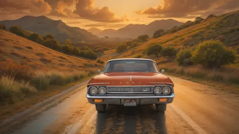 create a hyper-realistic pencil drawing in the style of diego koi, featuring a vintage deep red 1960s chevrolet impala. the car,...