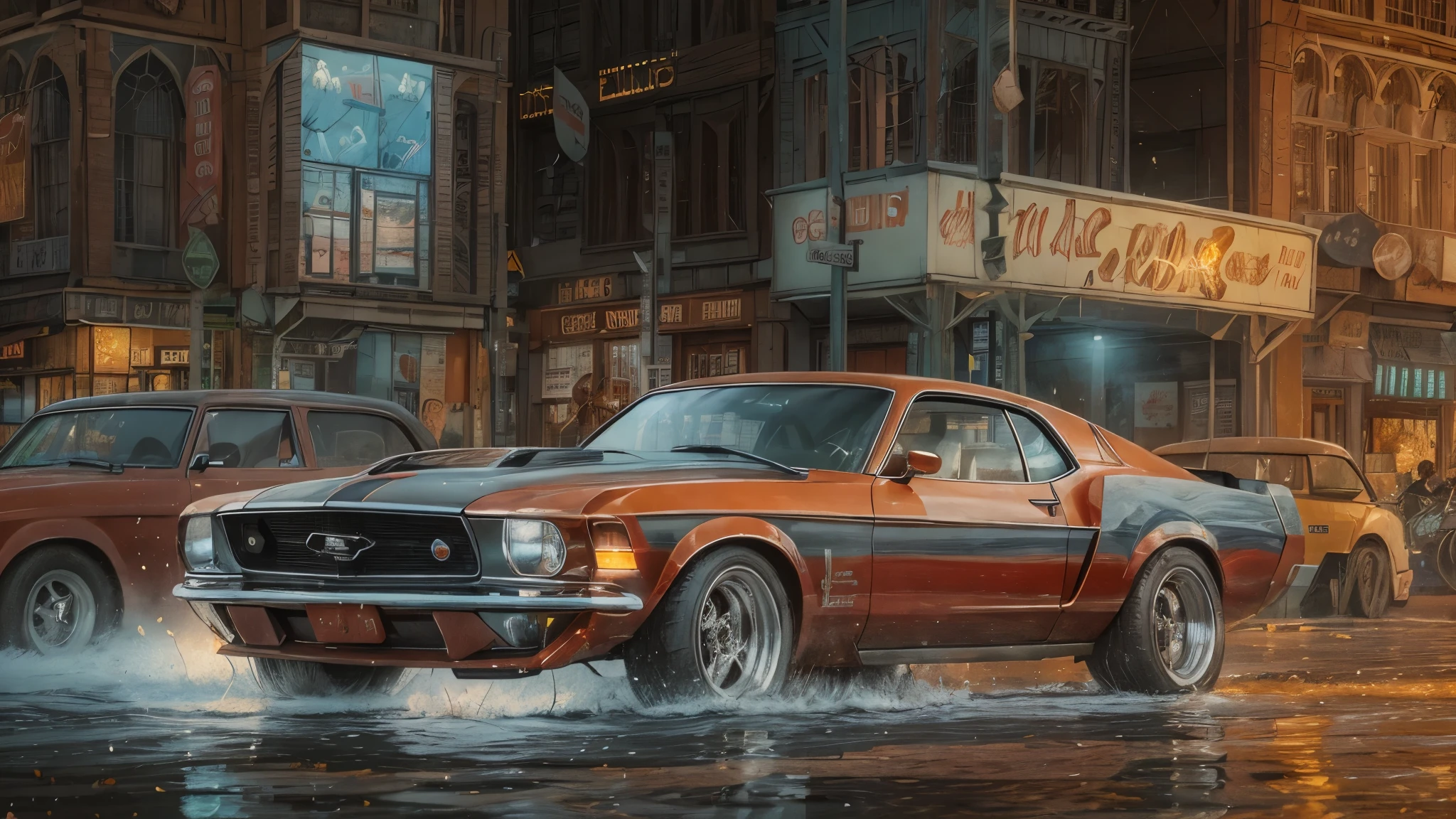 In a notebook page with subtle blue lines, a 1970 Ford Mustang Mach 1 is depicted with meticulous details. The car, with its bright red body and black stripes, is parked on an urban street under the soft glow of streetlights. The reflection of the lights on the wet streets creates a dramatic and lively atmosphere. The scene is captured in a hyper-realistic pencil drawing style, inspired by the detailed and realistic work of Diego Koi, emphasizing meticulous shading, complex textures, and impressive depth, bringing the car and the environment to life with stunning realism.
