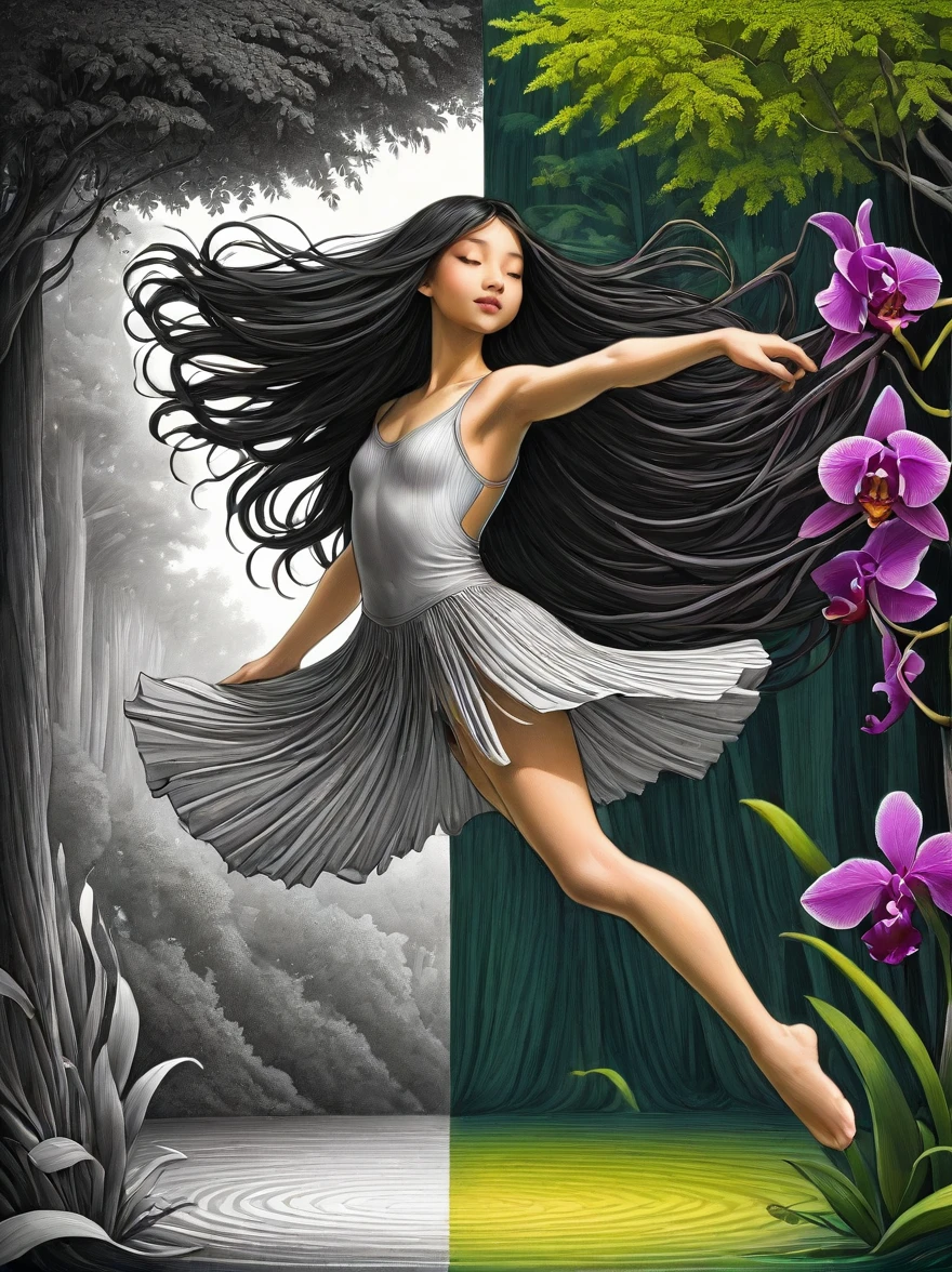 ((Inspired by John Kenn Mortensen)), (1 Dancer:1.3), Floating clothes, Flowing hair,Dynamic poses,

forest，orchid，Artwork should be in pencil sketch style，Transition from black and white on the left half to bright colors on the right half，Ensure seamless integration between the two halves，No dividing line，The scene is the same on both sides，Black and white pencil detail on left side，Right fill color，The mixture formed in the whole image，Perfect details, Strong contrast between light and dark