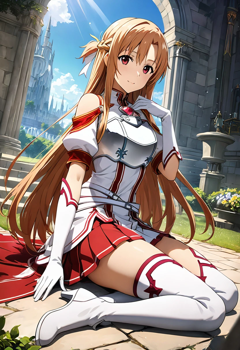 masterpiece, Highest quality, High resolution、Highest quality、unity 8k wallpaper、32K、Very detailed、超High resolution、Very detailedな顔、RAW Photos、Professional、Ultra-fine painting、創世の魔法少女ステイシア・Asuna、Knights of the Blood Oath Uniform、Red and white magical girl costume、Puff sleeves、Shoulder rest、Silver Breastplate、Pleated skirt、Long gloves、Thigh-high stiletto boots、A large red and white ribbon with a large ruby brooch on the chest、Hair Clip、Hair Ribbon、Asuna \(star\)