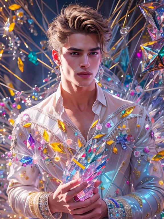 Super realistic, masterpiece, Best quality, height, very detailed, Handsome young man posing naked surrounded by crystal, Personality of the crystal as a person, 1 man, bright colors, реалистичный light, sparkling reflections from crystals, Bright and radiant skin, Bit body, intense look, bright features, Well defined jaws, dirty hair, Confident and relaxed posture, Artistic elements, Elegant and elegant gestures, Mesmerizing and mesmerizing expression, The man&#39;s body is covered with delicate and complex crystals.., Create a mesmerizing and ethereal effect., Impeccable attention to detail, Flawless surface visualization, The perfect combination of realism and fantasy, Incredible depth and size, Notice the difference between the smoothness of men&#39;s skin and the texture of crystals., Combination of human form with crystal, which smoothly surrounds him., Conjures a feeling of elegance, beauty, and secret, A powerful symbol of purity and strength., embodied by crystal elements., Expertly applied shadows and highlights to enhance 3D image quality.., Skillful use of colors to create a fairytale atmosphere., Gentle and gentle light and shadow, Create beautiful, exciting and emotional scenes, Exquisite craftsmanship and skillful execution, capturing the essence of both the human form and the ethereal beauty of crystals, Create an impressive and memorable viewing experience.foreground,Full body image !