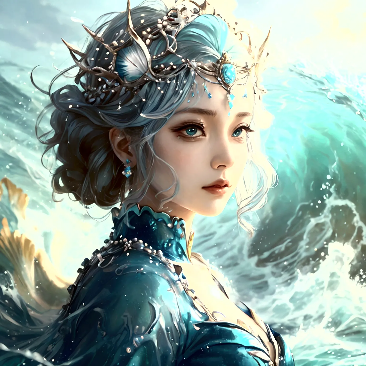 design an anime-style character named nami, styled as 'ocean empress.' nami should have a regal and commanding expression, with ...