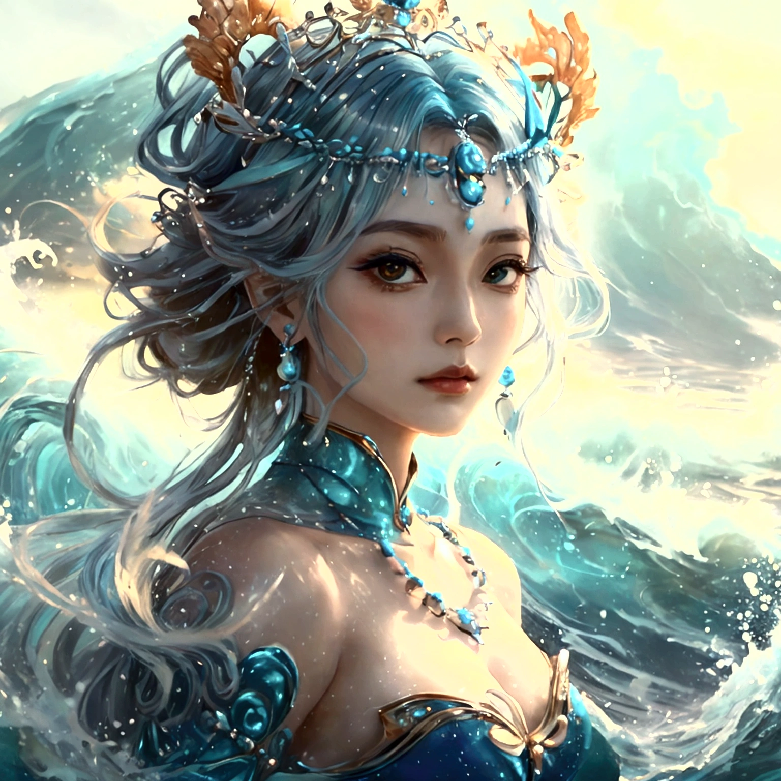 Design an anime-style character named Nami, styled as 'Ocean Empress.' Nami should have a regal and commanding expression, with large, expressive eyes and a majestic pose that reflects her status. Outfit Nami in a gown or armor inspired by the ocean, with deep blues, turquoise, and shimmering silver accents. Include sea-themed elements like waves, shells, and pearls. Add accessories such as a trident or a seashell crown to emphasize her empress status. The background should depict a vibrant ocean scene with elements like crashing waves, coral reefs, and marine life. Use soft, ambient lighting to enhance the serene yet powerful atmosphere. Ensure the artwork embodies the grandeur and beauty of the ocean, making Nami a regal and captivating presence