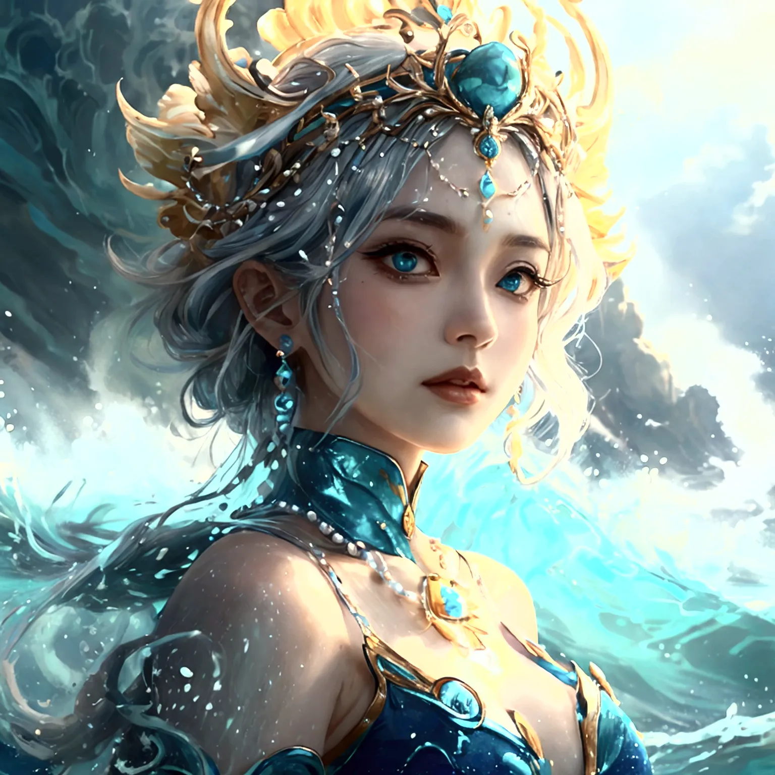 design an anime-style character named nami, styled as 'ocean empress.' nami should have a regal and commanding expression, with ...