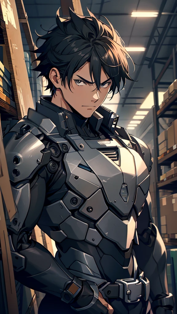 silence，Looking at the items in the warehouse，Warehouse full of supplies，It's dark all around，End of the World，an adult male，youth，Black short hair，look around，Wearing a sophisticated dark gray mecha armor suit，The armor suit has huge and thick limbs，Only the male youth’s hair and face are exposed，Upper body close-up